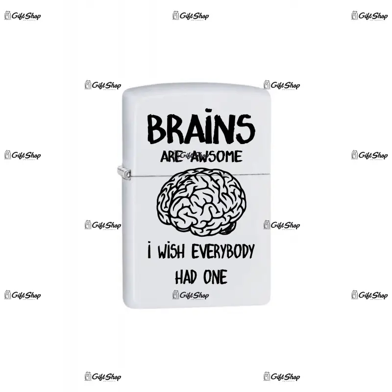 Brains are awsome, bricheta metalica gravata laser cu mesaj